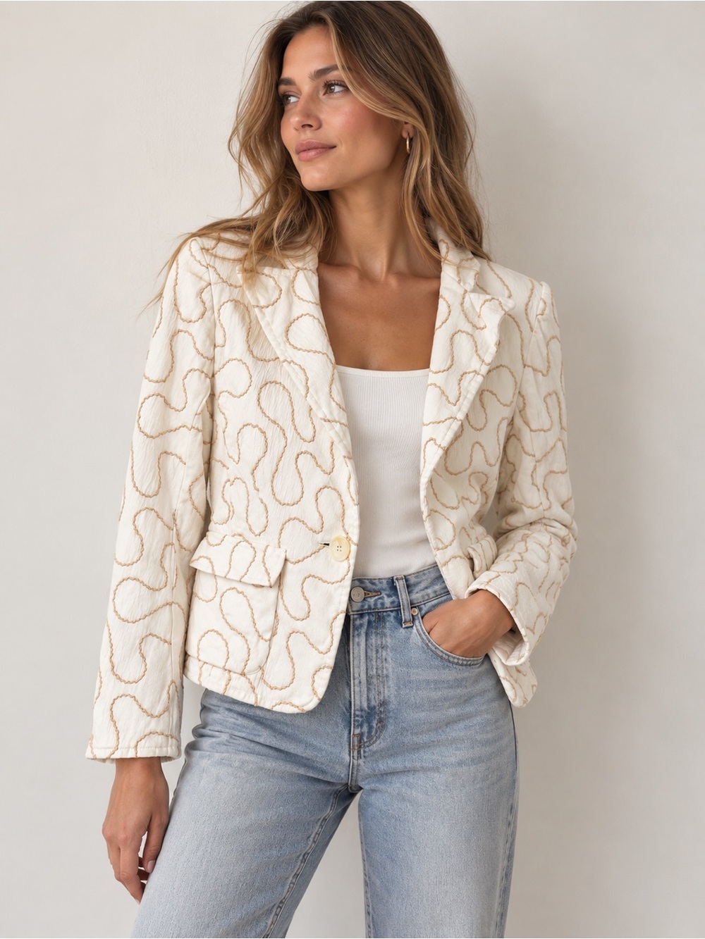 Vintage Holt Renfrew Cream Embroidered Structured Cotton Blazer Jacket Size 8